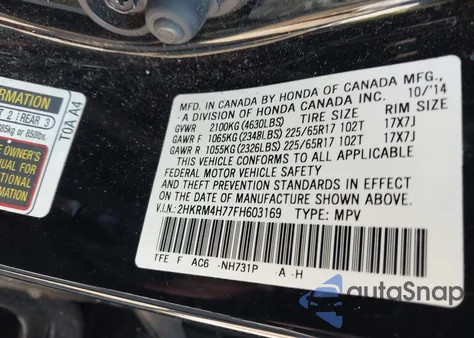 2015 Honda Cr-V Ex-L z USA, uszkodzony, nr VIN 2HKRM4H77FH603169